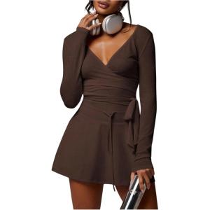 image:imageSOLY HUX Womens Deep V Neck Long Sleeve T Shirts Wrap Tie Side Yoga Fall Crop TopsCoffee Brown