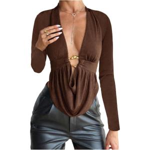 image:imageSOLY HUX Womens Deep V Neck T Shirt Long Sleeve Metal Decor Draped Front Ruched Asymmetrical TopsPure Brown