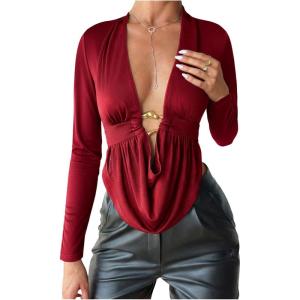 image:imageSOLY HUX Womens Deep V Neck T Shirt Long Sleeve Metal Decor Draped Front Ruched Asymmetrical TopsPure Red