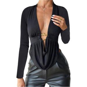 image:imageSOLY HUX Womens Deep V Neck T Shirt Long Sleeve Metal Decor Draped Front Ruched Asymmetrical TopsSolid Black