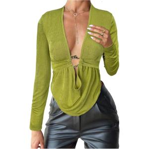 image:imageSOLY HUX Womens Deep V Neck T Shirt Long Sleeve Metal Decor Draped Front Ruched Asymmetrical TopsSolid Green