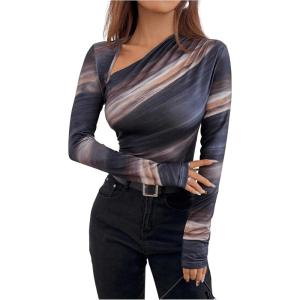 image:imageSOLY HUX Womens Elegant Long Sleeve Shirts Tie Dye Ruched T Shirt Asymmetrical Neck Fitted Going Out TopsDark Grey Multi