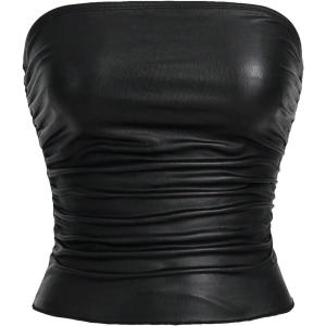 image:imageSOLY HUX Womens Faux Leather Strapless Crop Tube Tops Going Out Bandeau Shirts Rave Concert OutfitSolid Black