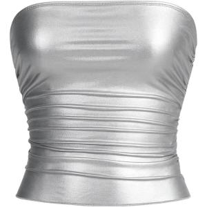 image:imageSOLY HUX Womens Faux Leather Strapless Crop Tube Tops Going Out Bandeau Shirts Rave Concert OutfitSolid Silver