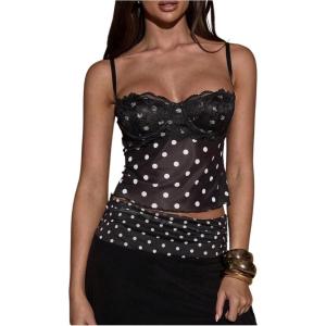 image:imageSOLY HUX Womens Floral Lace Trim Camisole Spaghetti Strap Fitted Shirt Top Summer Crop Cami TopsBlack and White