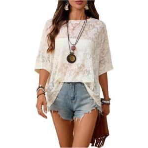 image:imageSOLY HUX Womens Floral Mesh Tops Short Sleeve Crew Neck See Through T Shirts Vacation Festival OutfitPlain Beige