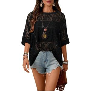 image:imageSOLY HUX Womens Floral Mesh Tops Short Sleeve Crew Neck See Through T Shirts Vacation Festival OutfitPlain Black