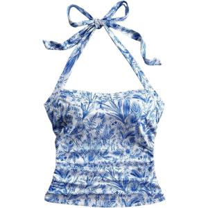 image:imageSOLY HUX Womens Floral Print Halter Neck Crop Tops Tie Backless Fitted Tank Shirts Summer Vacation ClothesBlue and White