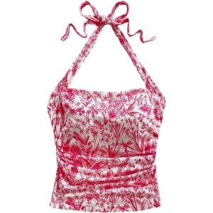 image:imageSOLY HUX Womens Floral Print Halter Neck Crop Tops Tie Backless Fitted Tank Shirts Summer Vacation ClothesPink and White