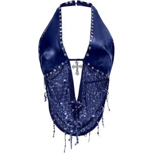 image:imageSOLY HUX Womens Gothic Grunge PU Leather Sparkly Halter Crop Top Y2k Deep V Neck Vest Rave OutfitsPure Blue