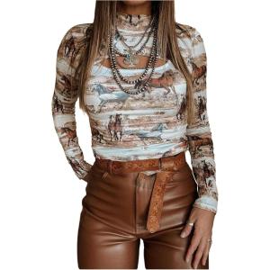 image:imageSOLY HUX Womens Graphic Tees Cut Out Mock Neck Long Sleeve T Shirt Vintage Going Out TopsMulticoloured Horse