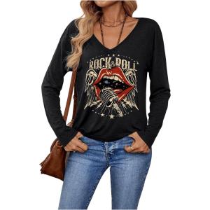 image:imageSOLY HUX Womens Graphic Tees V Neck Long Sleeve T Shirt Rock Roll Vintage Casual TopsBlack Letter