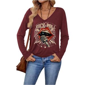 image:imageSOLY HUX Womens Graphic Tees V Neck Long Sleeve T Shirt Rock Roll Vintage Casual TopsBurgundy Graphic