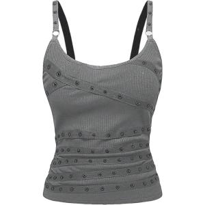image:imageSOLY HUX Womens Grunge Studded Scoop Neck Tank Top Summer Sleeveless Ribbed Knit Party Tops StreetwearGrey