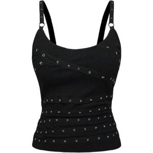 image:imageSOLY HUX Womens Grunge Studded Scoop Neck Tank Top Summer Sleeveless Ribbed Knit Party Tops StreetwearPlain Black