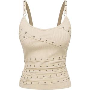 image:imageSOLY HUX Womens Grunge Studded Scoop Neck Tank Top Summer Sleeveless Ribbed Knit Party Tops StreetwearPure Apricot