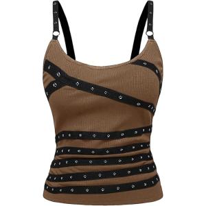 image:imageSOLY HUX Womens Grunge Studded Scoop Neck Tank Top Summer Sleeveless Ribbed Knit Party Tops StreetwearPure Brown