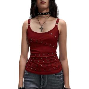 image:imageSOLY HUX Womens Grunge Studded Scoop Neck Tank Top Summer Sleeveless Ribbed Knit Party Tops StreetwearPure Burgundy