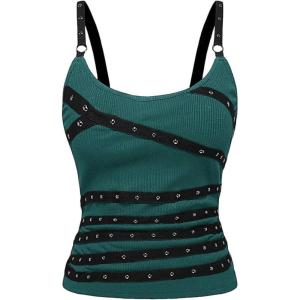 image:imageSOLY HUX Womens Grunge Studded Scoop Neck Tank Top Summer Sleeveless Ribbed Knit Party Tops StreetwearPure Dark Green