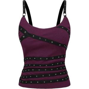 image:imageSOLY HUX Womens Grunge Studded Scoop Neck Tank Top Summer Sleeveless Ribbed Knit Party Tops StreetwearPure Purple