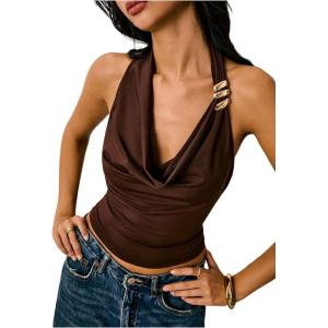 image:imageSOLY HUX Womens Halter Crop Top Cowl Neck Open Back Fitted Tank Shirts Summer Going Out OutfitsCoffee Brown