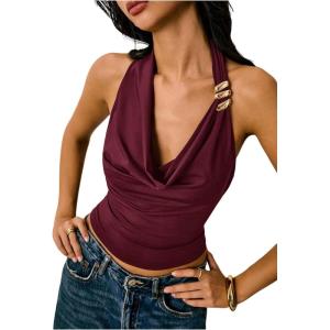 image:imageSOLY HUX Womens Halter Crop Top Cowl Neck Open Back Fitted Tank Shirts Summer Going Out OutfitsPure Burgundy