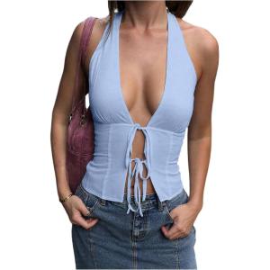 image:imageSOLY HUX Womens Halter Tops Sexy Deep V Neck Bow Tie Front Backless Sleeveless Going Out Tank TopPure Blue