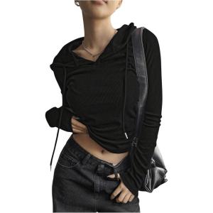 image:imageSOLY HUX Womens Hooded T Shirt Drawstring Long Sleeve Ribbed Knit Ruched Tee Fall TopsPlain Black