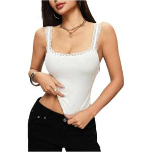 image:imageSOLY HUX Womens Lace Trim Square Neck Crop Camisole Sleeveless Ribbed Knit Fitted Cami TopsSolid White
