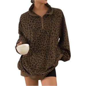image:imageSOLY HUX Womens Leopard Sweatshirt Half Zip Collar Drop Shoulder Long Sleeve Cheetah Print Oversized Pullover TopsBrown Leopard