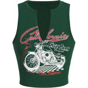image:imageSOLY HUX Womens Letter Graphic Tank Top Notched V Neck Sleeveless Summer Crop Tops StreetwearDark Green Motorcycle