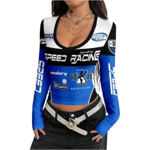 image:imageSOLY HUX Womens Long Sleeve Racing Shirts Deep V Neck Graphic T Shirts Y2k Streetwear Crop TopsRoyal Blue Multi