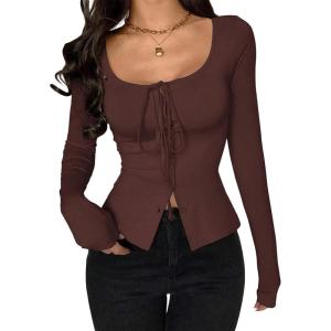 image:imageSOLY HUX Womens Long Sleeve Shirts Bow Tie Button Down Scoop Neck TShirt Aesthetic Going Out TopsSolid Coffee Brown