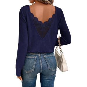 image:imageSOLY HUX Womens Long Sleeve T Shirts Lace Back Scoop Neck Tee Knitted Tops Fall ClothesDark Blue