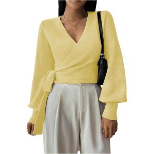 image:imageSOLY HUX Womens Long Sleeve V Neck Wrap Belted Sweater Elegant Office Knitted Crop Tops Fall OutfitsPlain Yellow