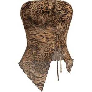 image:imageSOLY HUX Womens Mesh Drawstring Split Tube Top Strapless Sleeveless Asymmetrical Hem Summer TopsMulticoloured Leopard