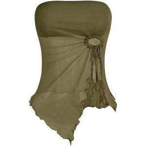 image:imageSOLY HUX Womens Mesh Drawstring Split Tube Top Strapless Sleeveless Asymmetrical Hem Summer TopsPlain Army Green