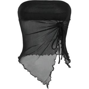 image:imageSOLY HUX Womens Mesh Drawstring Split Tube Top Strapless Sleeveless Asymmetrical Hem Summer TopsPlain Black