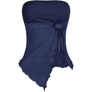 image:imageSOLY HUX Womens Mesh Drawstring Split Tube Top Strapless Sleeveless Asymmetrical Hem Summer TopsPlain Dark Blue