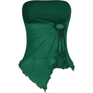 image:imageSOLY HUX Womens Mesh Drawstring Split Tube Top Strapless Sleeveless Asymmetrical Hem Summer TopsPlain Dark Green
