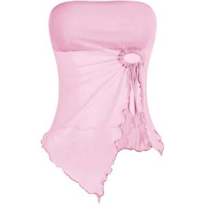image:imageSOLY HUX Womens Mesh Drawstring Split Tube Top Strapless Sleeveless Asymmetrical Hem Summer TopsPlain Pink