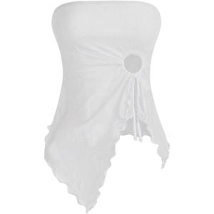 image:imageSOLY HUX Womens Mesh Drawstring Split Tube Top Strapless Sleeveless Asymmetrical Hem Summer TopsPlain White
