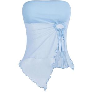 image:imageSOLY HUX Womens Mesh Drawstring Split Tube Top Strapless Sleeveless Asymmetrical Hem Summer TopsPure Light Blue
