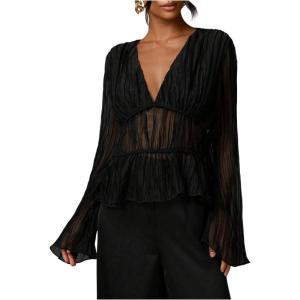 image:imageSOLY HUX Womens Mesh Long Sleeve Top Deep V Neck See Through Peplum Blouse Shirts Date Night OutfitPlain Black