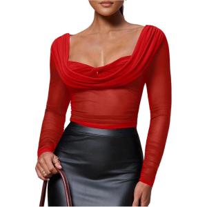 image:imageSOLY HUX Womens Mesh T Shirt Long Sleeve Sweetheart Neck Twist Draped Ruched Sheer Tee See Through Going Out TopsPure Red