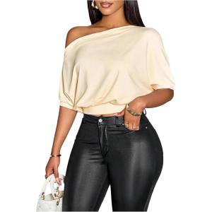 image:imageSOLY HUX Womens Off The Shoulder Crop Top Asymmetrical Neck Business Casual T Shirts Office OutfitPlain Apricot