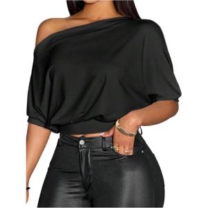 image:imageSOLY HUX Womens Off The Shoulder Crop Top Asymmetrical Neck Business Casual T Shirts Office OutfitPlain Black