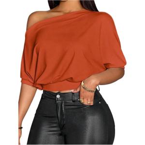 image:imageSOLY HUX Womens Off The Shoulder Crop Top Asymmetrical Neck Business Casual T Shirts Office OutfitRust Brown