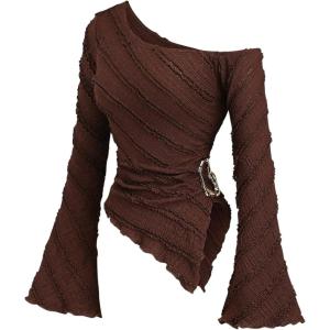 image:imageSOLY HUX Womens Off The Shoulder Long Sleeve Tops Y2K Going Out Crop Tees Asymmetrical Trendy T Shirts ClubwearCoffee Brown