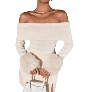 image:imageSOLY HUX Womens Off The Shoulder T Shirt Fuzzy Long Sleeve Slim Fitted Tee Going Out TopsPlain Apricot